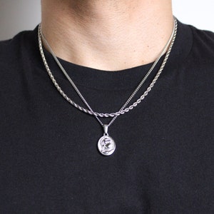 Silver Spartan Pendant Necklace & 3mm Rope Chain Set / Stainless Steel Centurion Coin Oval / Men Women Necklaces Gift / Unisex Jewelry