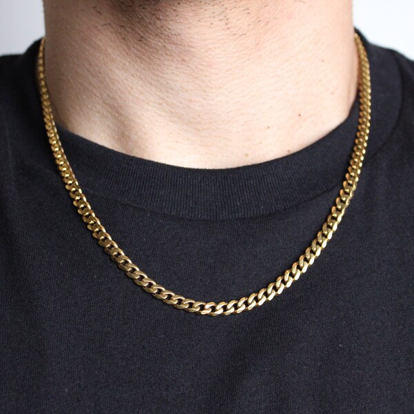 18K Gold 5mm Cuban Link Chain Necklace 18 20 22 24 inch Stainless Steel Miami Cuban, Thick Gold Chain, Curb Link, Men Women Chain Necklaces