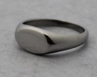 Silver Landscape Oval Signet Ring Stainless Steel 7-12 Horizontal - Minimalist Blank Pinky Ring