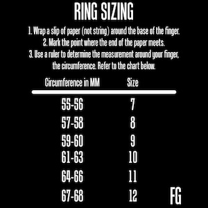 May include: Ring sizing guide on a black background. Instructions include wrapping paper around the finger, marking the end, and measuring the circumference. A chart converts millimeters to ring sizes 7-12.