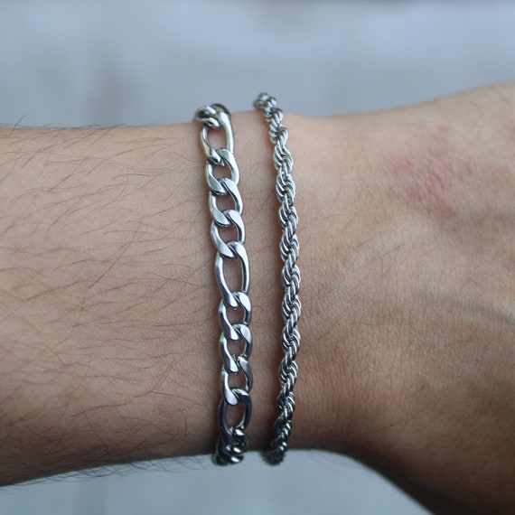 Silver 5mm Figaro Link 3mm Rope Bracelet Set 7