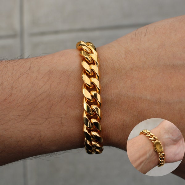 Gold 10mm Cuban Link Bracelet With Button Clasp 7" 8" 9" Stainless Steel Jewelry, Curb Link Bracelet, Unisex Jewelry, Streetwear Jewelry