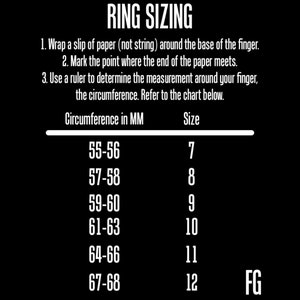 May include: A black and white chart with instructions for measuring ring size. The chart shows ring sizes 7 through 12, corresponding to circumference measurements in millimeters.
