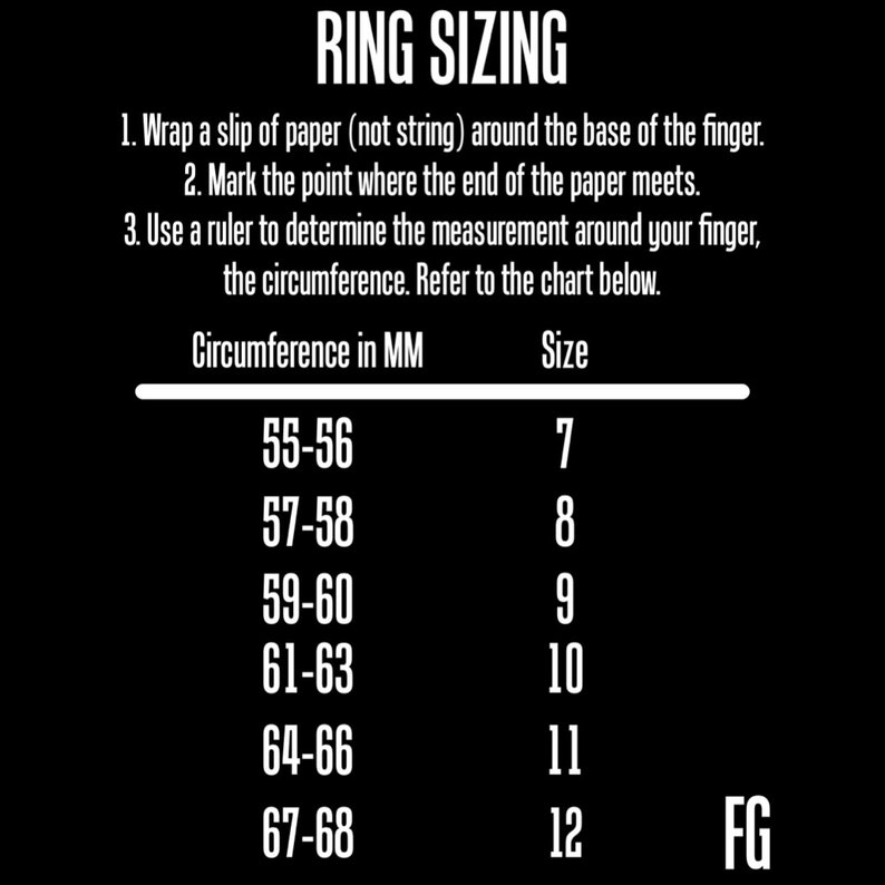 May include: A black and white chart with instructions for measuring ring size. The chart shows ring sizes 7 through 12, corresponding to circumference measurements in millimeters.