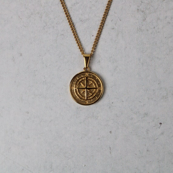 Engraved Compass Necklace with diamond - 14k Solid Gold - Oak & Luna