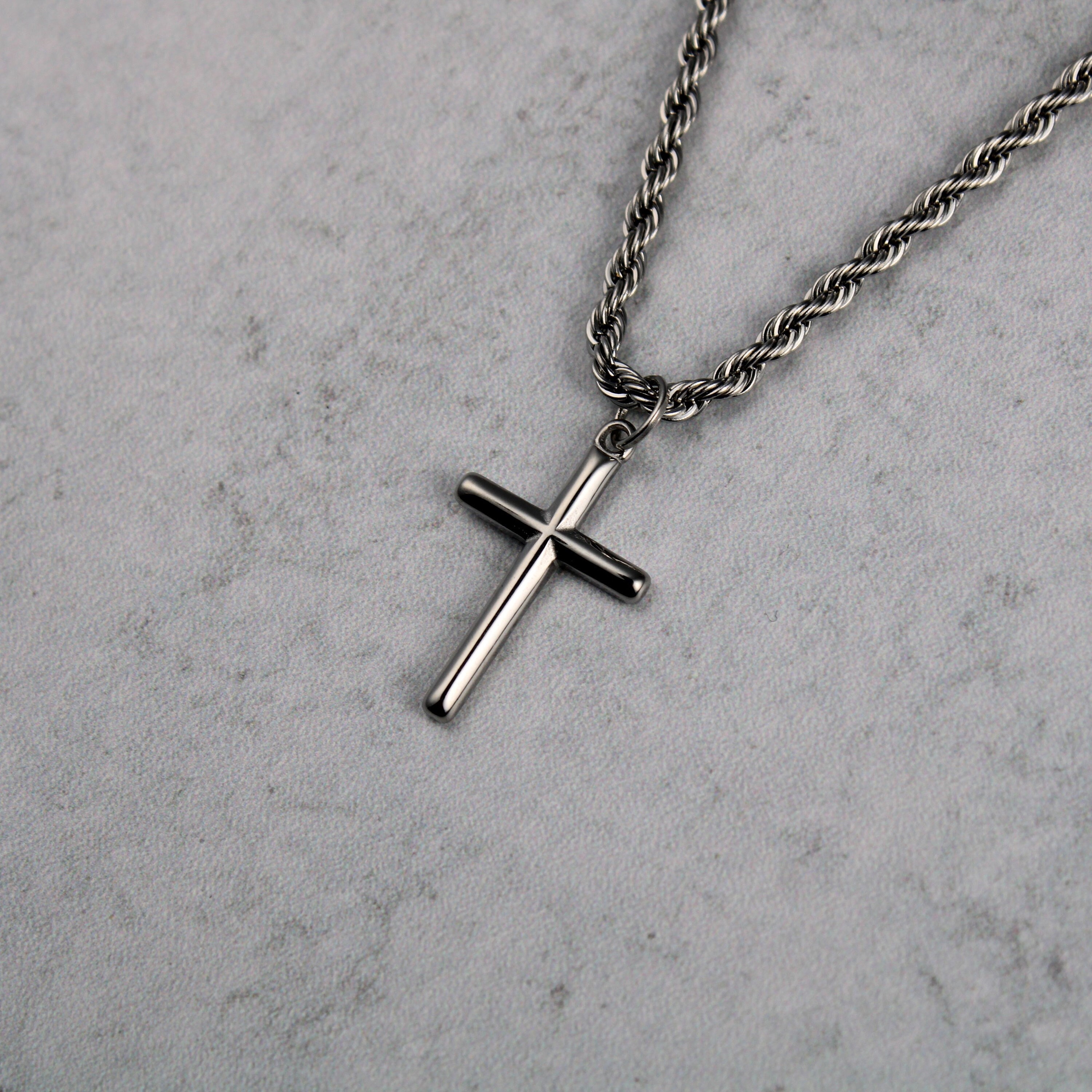 Silver Cross Pendant With 3mm Rope Chain Necklace Stainless Steel / Small Cross Mini Cross Men Women Chain Necklaces Gift / Unisex Jewelry
