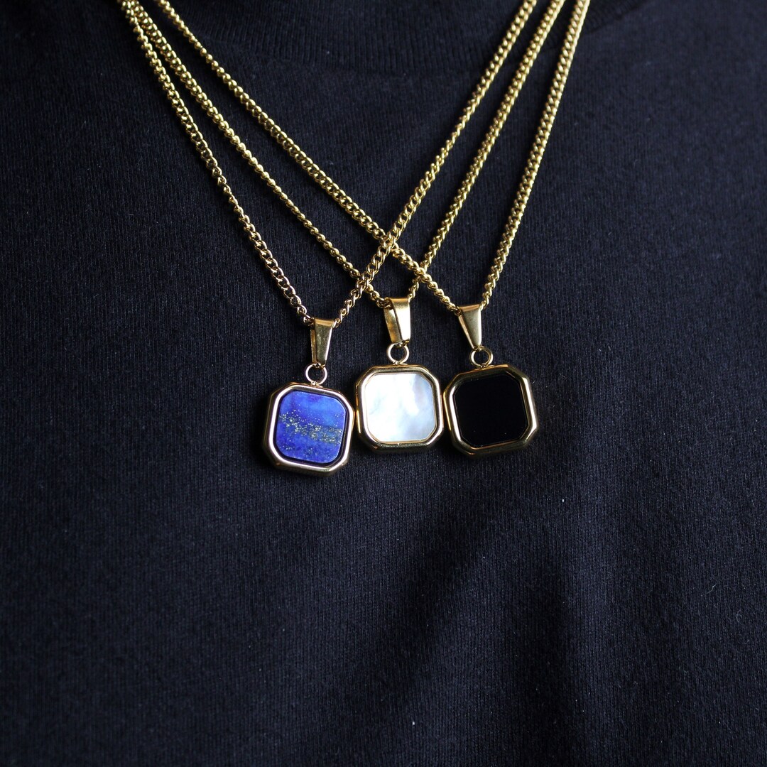 18K Gold Onyx Pendant Necklace Cuban Link Chain Stainless Steel - Black Stone Pendant