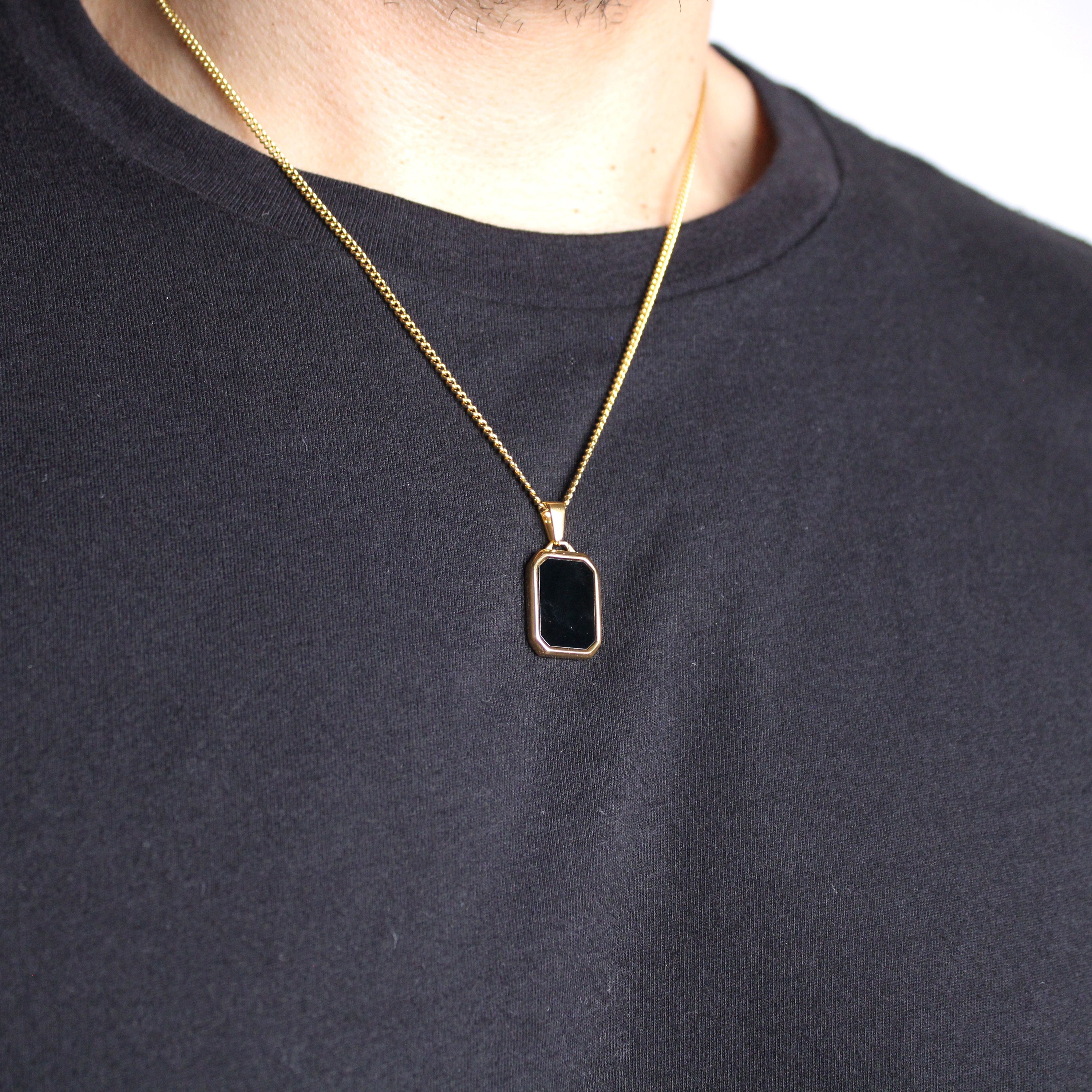 18K Gold Onyx Pendant Necklace Cuban Link Chain Stainless Steel