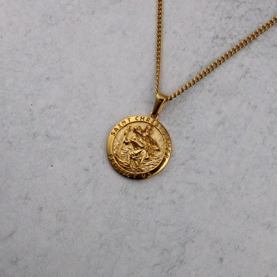 18K Gold Saint Christopher Pendant Chain Necklace Stainless Steel - St Christopher Medal