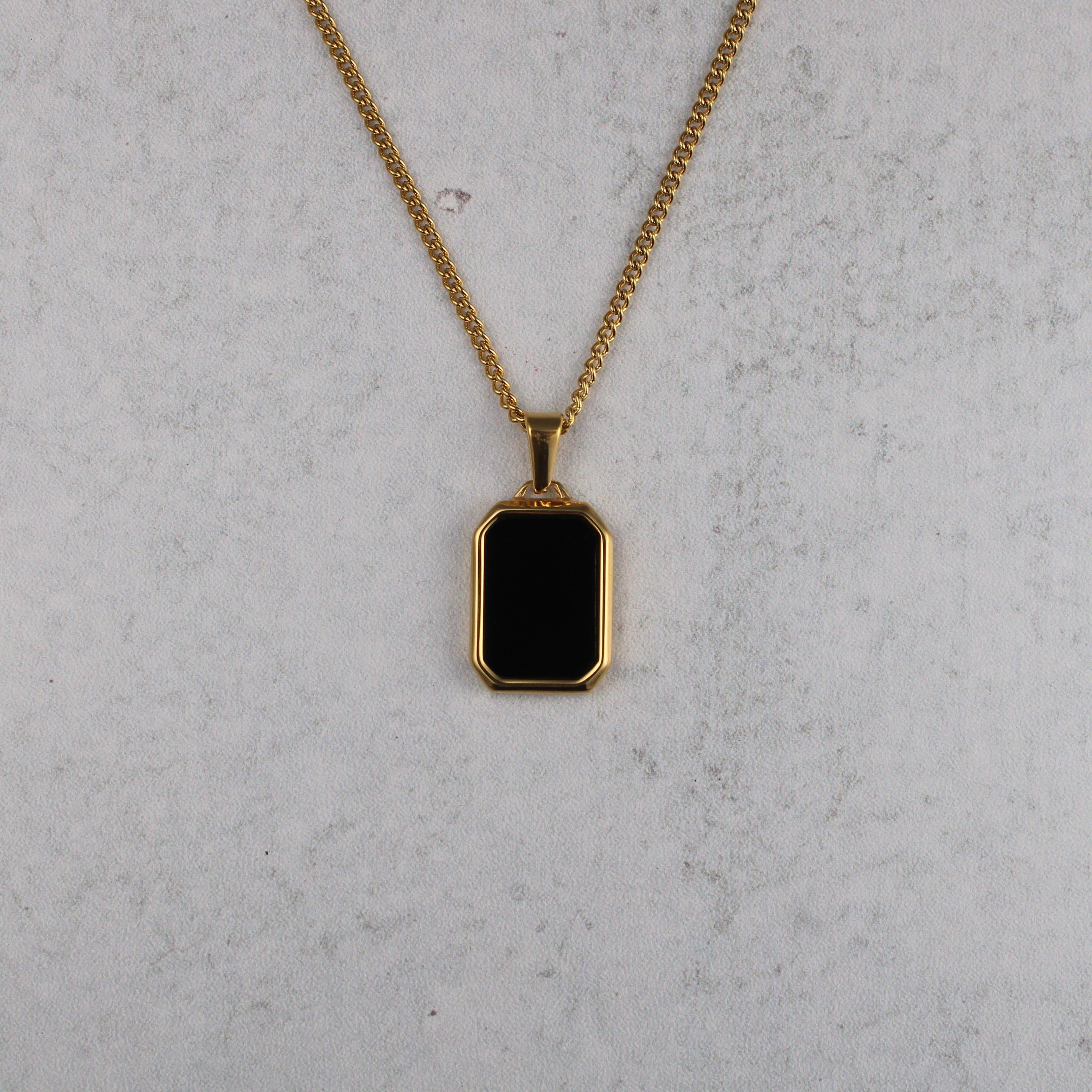 18K Gold Onyx Pendant Necklace Cuban Link Chain Stainless Steel