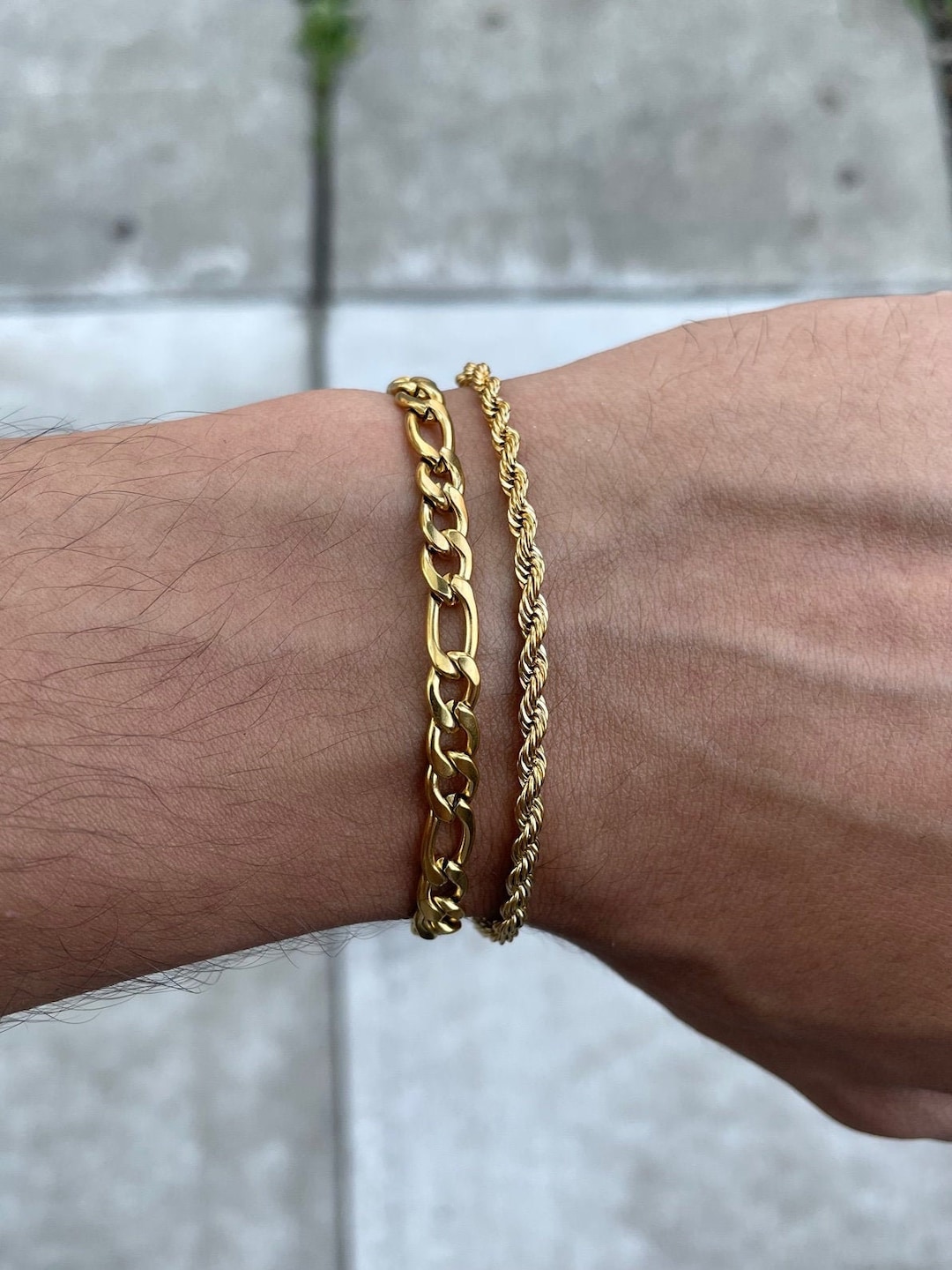 Gold 5mm Figaro Link & 3mm Rope Bracelet Set 7