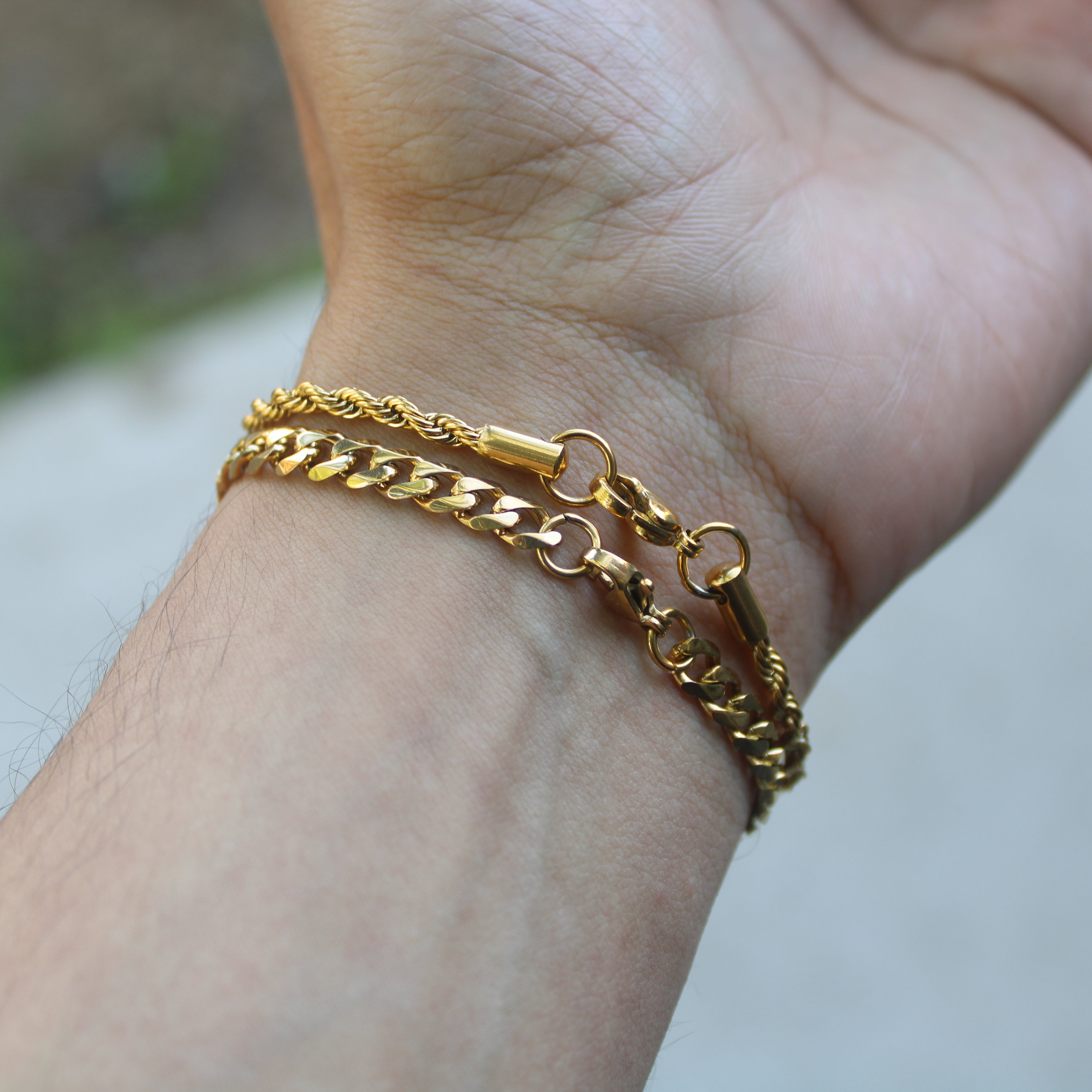 Gold 5mm Cuban Link & 3mm Rope Bracelet Set 7