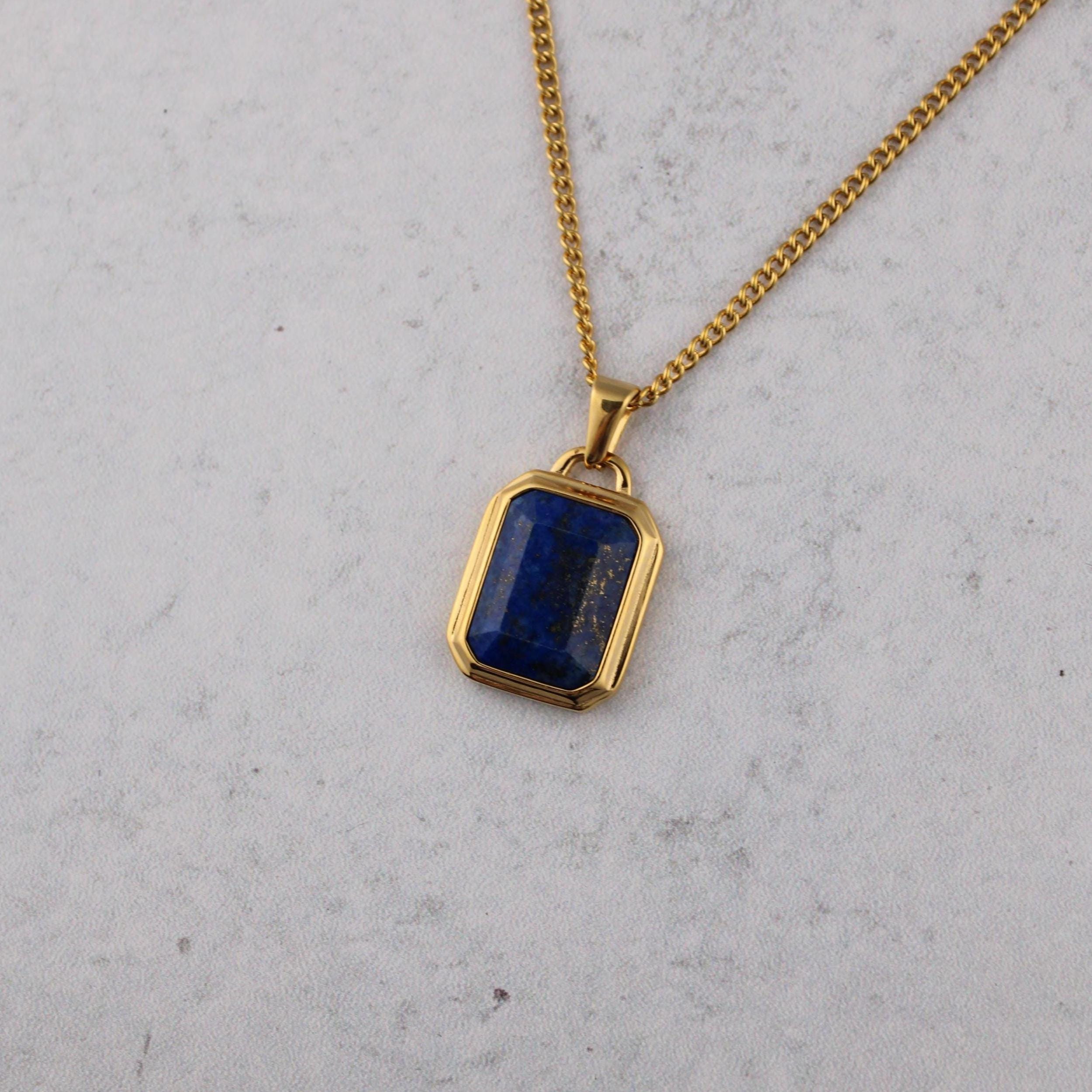 Lapis Lazuli Pendant Mens Blue Chain Necklace 18K Gold Lapis