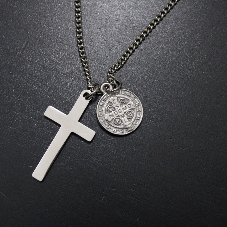 Silver Cross & Saint Benedict Medal Stainless Steel Pendant Necklace - Etsy