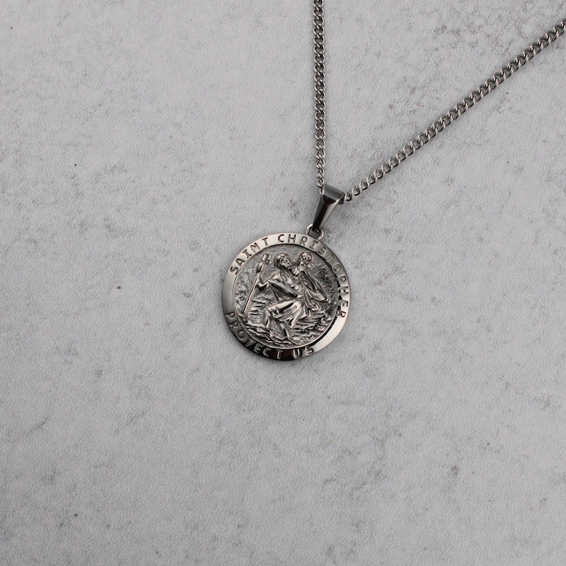 Saint Christopher Pendant Medal Necklace: Stainless Steel Cuban Link ...