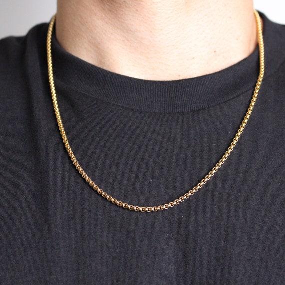 Gold 3mm Box Chain Necklace Square Pearl 18 20 22 24 Inch Length