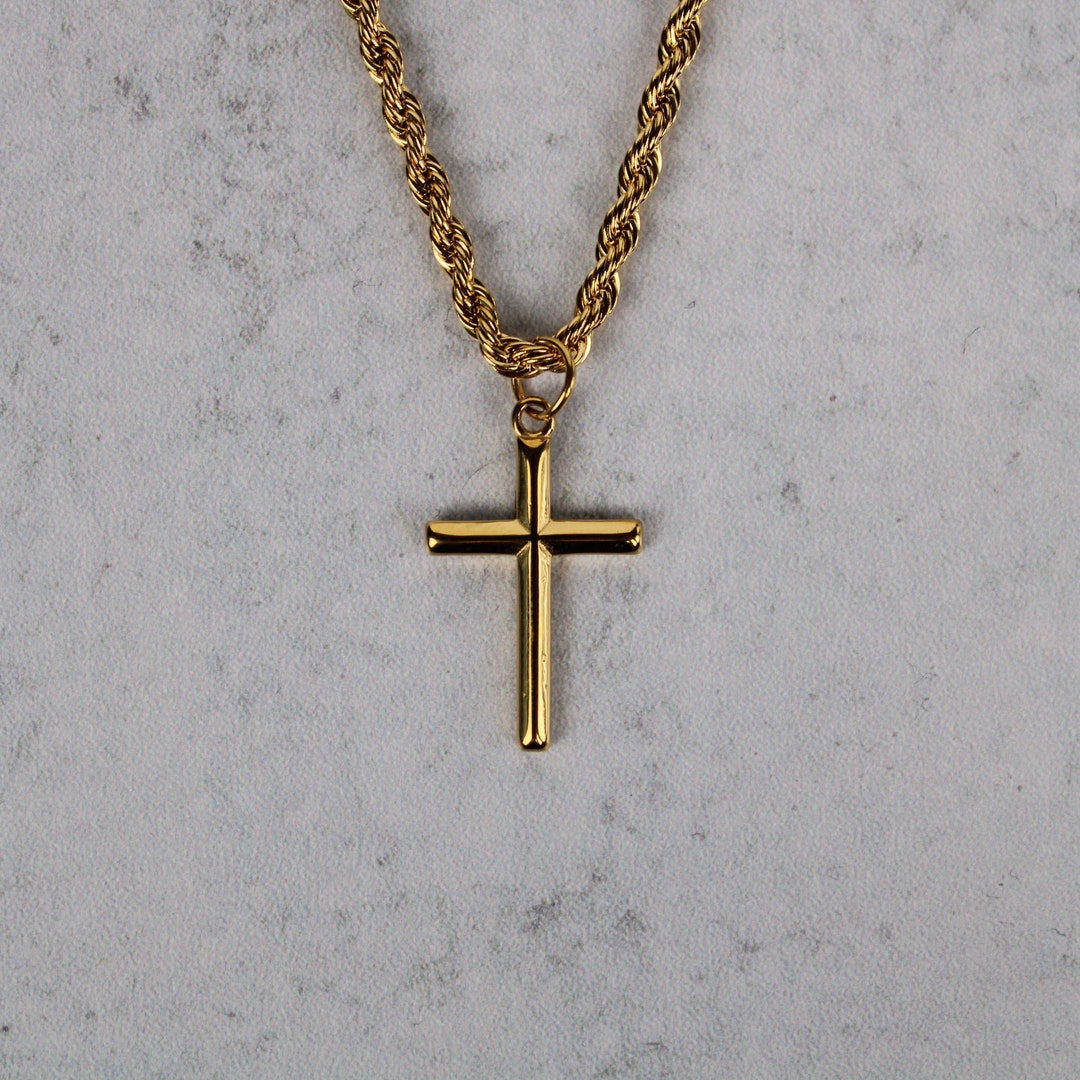 18K Gold Cross Pendant With 3mm Rope Chain Necklace Stainless Steel ...