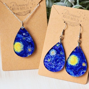 Van Gogh Starry Night Earrings and Necklace Set: Stainless Steel Art Jewelry