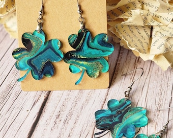 4 Leaf Clover Dangle Earrings: Green Acrylic Shamrock Jewelry