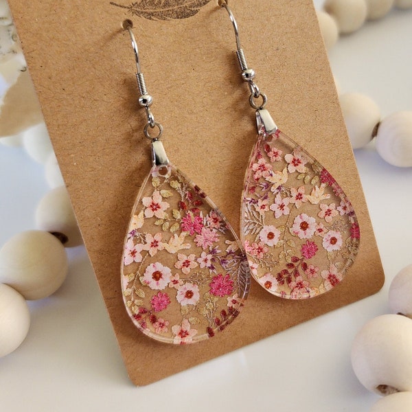 Gorgeous Pink Flowered Earrings, Teardrop Printed Acrylic Earrings, Flowers in pinks, Floral Themed, Nature Themed, cute, simple, bright