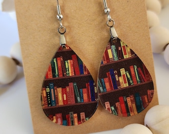 Bookshelf Teardrop Earrings: Lightweight Acrylic Book Lover Gift