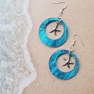 Beach Earrings for Beach Lovers, Blue Circle Dangle Earrings with Starfish Charm, Ocean Earring Birthday Gift for Girlfriend, Summer Earring