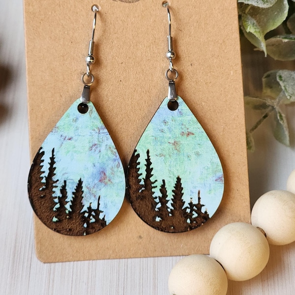Engraved Tree Wood Earrings: Handmade Nature Dangle Earrings