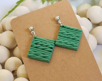 Woven Clay Square Earrings in Mint Green, fun earrings for her, Lightweight boho style earrings, diamond in shape, small dangle earrings