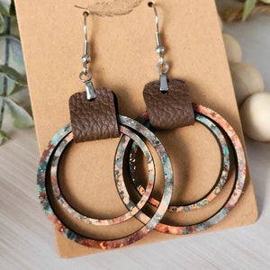 Boho Wood and Leather Dangle Earrings: Rust Patina Jewelry