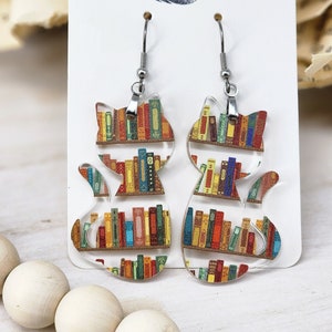 Book Themed Cat Earring Set for Women, Book Lover Gift for Her, Cat Lover Gift for Mom, Cute Teacher Gift, Lightweight and Hypoallergenic