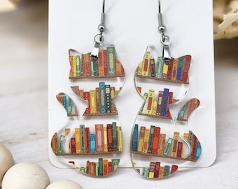 Book Themed Cat Earring Set for Women, Book Lover Gift for Her, Cat Lover Gift for Mom, Cute Teacher Gift, Lightweight and Hypoallergenic