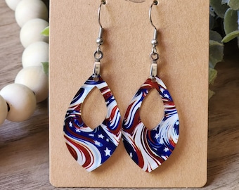 Patriotic Dangle Earrings: Red, White, & Blue Flag, Stainless Steel