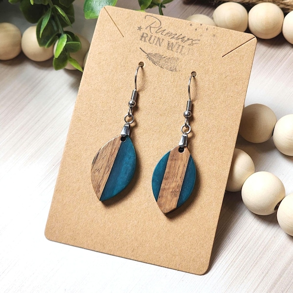 Blue Resin Wood Dangle Earrings: Lightweight Boho Beach Jewelry