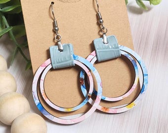 Watercolor Wood Hoop Earrings, Blue Pink Abstract Dangles, Baby Blue Faux Leather Earrings, Lightweight Colorful Statement Jewelry