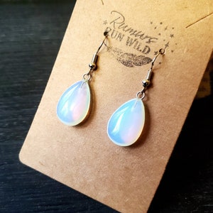 Adorable Opalite Earrings in a small teardrop, great to wear, lightweight, shimmery, colorful, simple earrings for women, nature themed