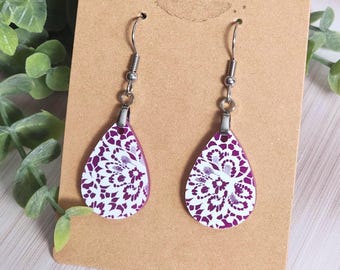 Purple Lace Earrings, White Floral Teardrop Earrings, Mini Bright Purple Acrylic Dangles, Colorful Jewelry