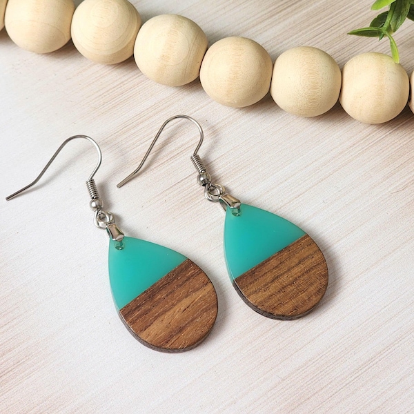 Blue Resin Wood Teardrop Earrings: Lightweight Boho Dangle Jewelry for Her