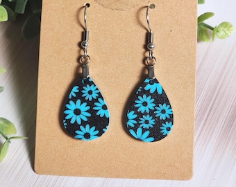Blue Daisy Earrings, Black & Turquoise Floral Acrylic Dangle Earrings