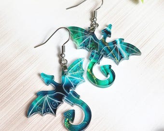 Dragon Earrings, Green Acrylic Dragon Dangle Earrings for Fantasy Lovers, Gothic Jewelry, Dragon Gift, Bookish Girl Earrings