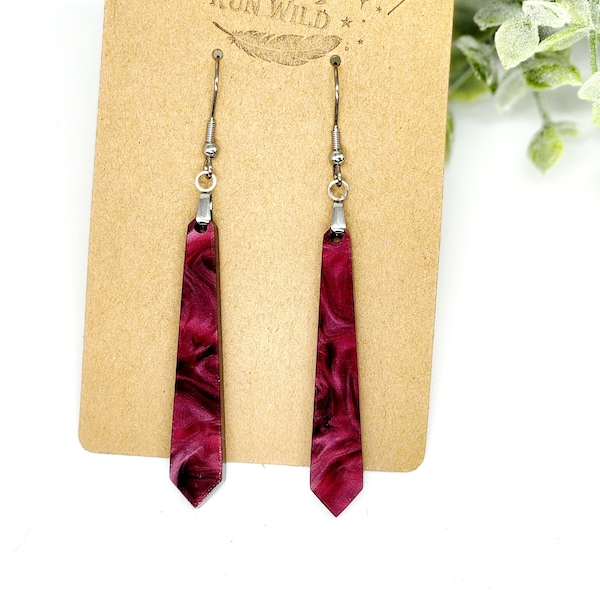 Red Acrylic Dangle Earrings: Lightweight Wine Colored Stainless Steel Hooks