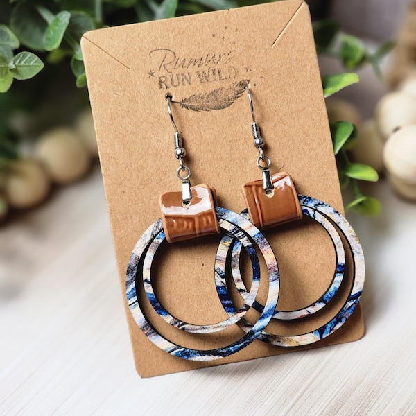 Boho Wood Earrings: Vegan Leather Dangle Earrings, Beach Colors