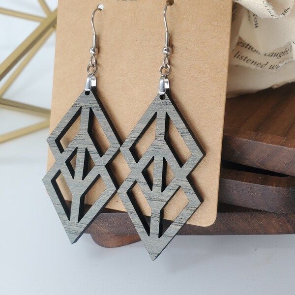 Beautiful Blue/Grey Stained Wood Dangle Geometric Earrings, Long Boho Earrings, Hand Painted Wood Jewelry, Natural Wood, Gift for Her