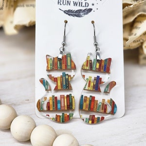 Cat Book Earrings, Cat earrings, Cat lover gift, dangle earrings, Lightweight earring, gift for her, book lover gift, Stocking Stuffer, fun