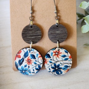 Flower Dangle Earrings in Blue, Handmade Wood Boho Earring, Colorful Floral Earring for Mom, Nickel Free, Best Gift for Friend, for Sister