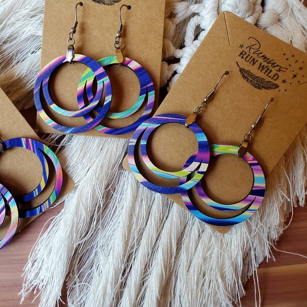 Fun Retro Earrings- Bright Earrings with Streaks of Color, Dark Blue Background with Neon Colors, Circle Dangle Earrings, Fun, Cute, 80s