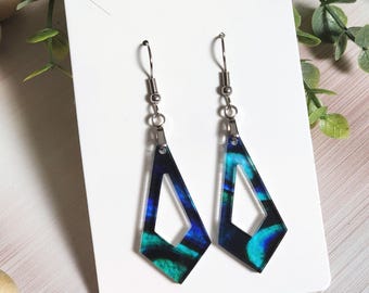 Blue Green Geometric Earrings, Semi Transparent Acrylic Dangle Earrings, Stained Glass Style Earrings