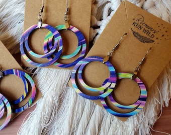 Fun Retro Earrings for Women, Colorful Wood Earrings Handmade, Neon Colors, 80s Earrings, Circle Dangle Earrings for Friend, Gift For Sister