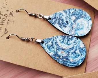 Boho Teardrop Earrings: Blue White Swirl Wood Earrings, Gold Accent