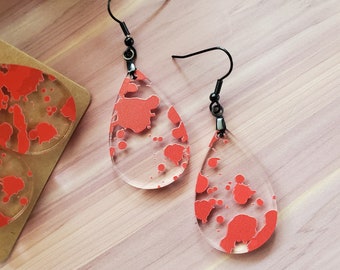 Halloween Blood Splatter Earrings - Clear Acrylic Teardrop Earrings - Holiday Jewlery - Red Blood Splash - Spooky - Halloween Wear