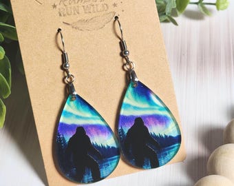 Bigfoot Northern Lights Earrings, Sasquatch Dangles, Cryptid Jewelry